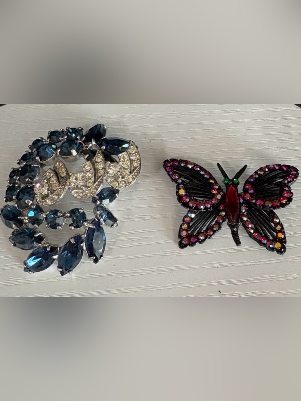 Weiss brooches 2 vintage rhinstone silver tone & black butterfly multicolored
